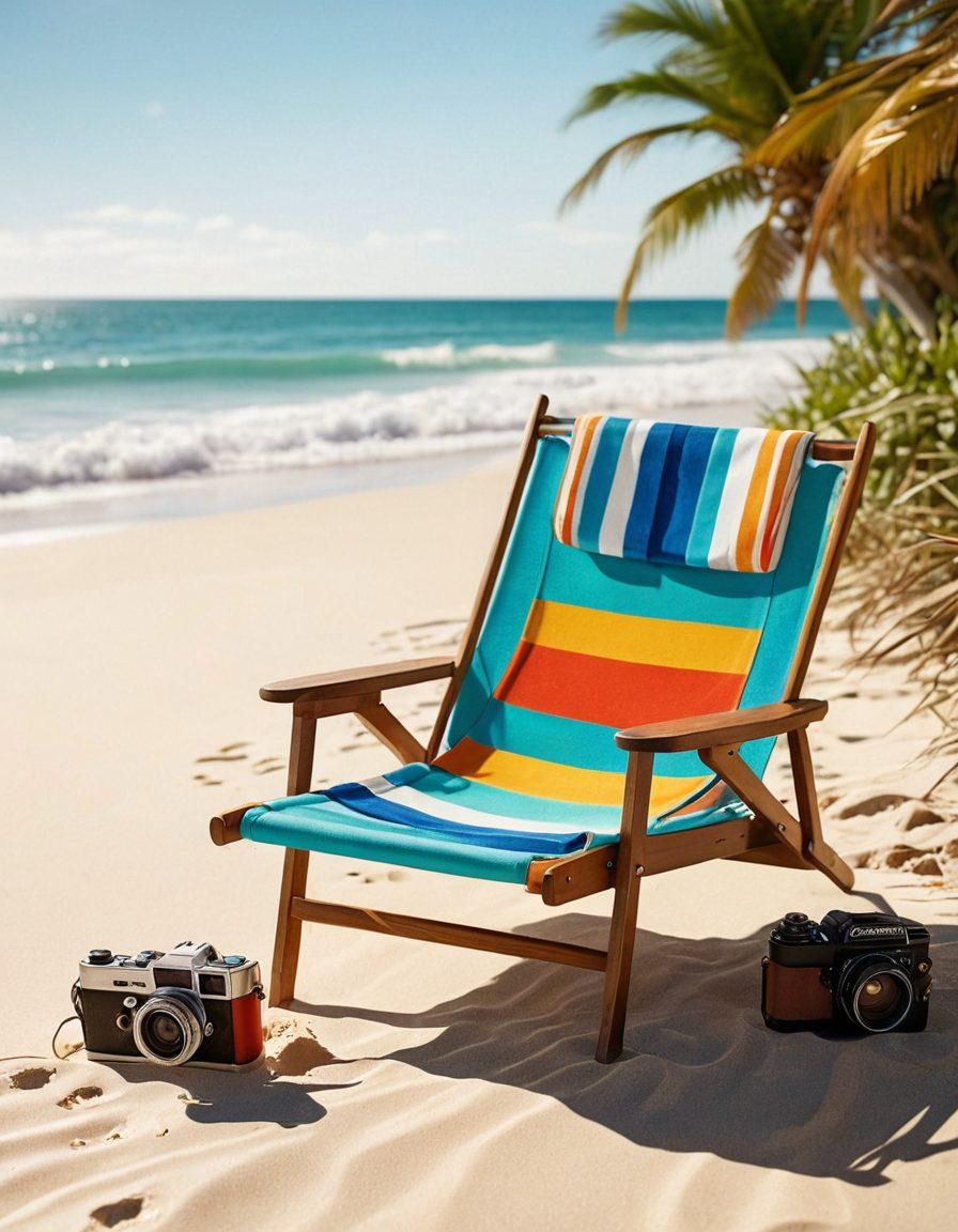 A captivating beach scene featuring a colorful, sun-drenched coastline with crystal-clear water. In the foreground, a beautifully designed lounge chair showcasing a stylish bikini, with a vintage film camera resting beside it, symbolizing the blend of beach life and cinematic experience. Add playful waves in the background and sunlit sand creating an inviting atmosphere. The overall mood should be vibrant and playful, evoking feelings of summer warmth and adventure. super-realistic. vibrant colors. 3D.