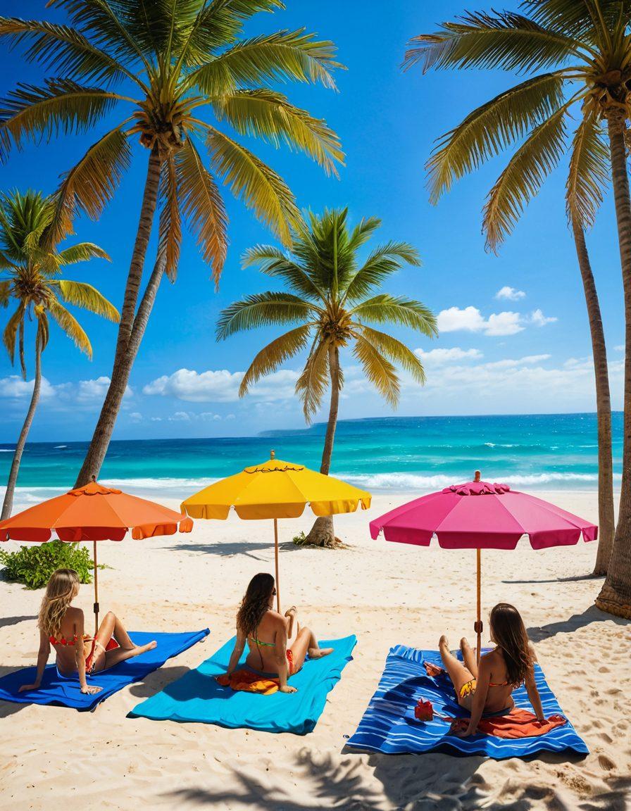 A stunning beach scene featuring alluring beachwear, with a diverse group of confident individuals showcasing stylish bikinis under the warm sun. The foreground includes vibrant beach umbrellas and playful waves, while the background is adorned with palm trees and colorful beach towels. Add elements of flirtation and fun, with a touch of glamour and sophistication. super-realistic. vibrant colors. sunny day.